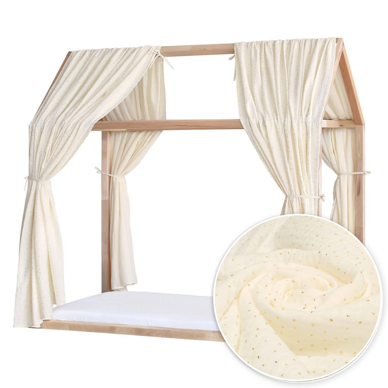 Set 2 Baldachine Muselină cu buline aurii pentru pat tip căsuță, Little Amy, Crem Set 2 Baldachine Muselină cu buline aurii pentru pat tip căsuță, Little Amy, Crem
