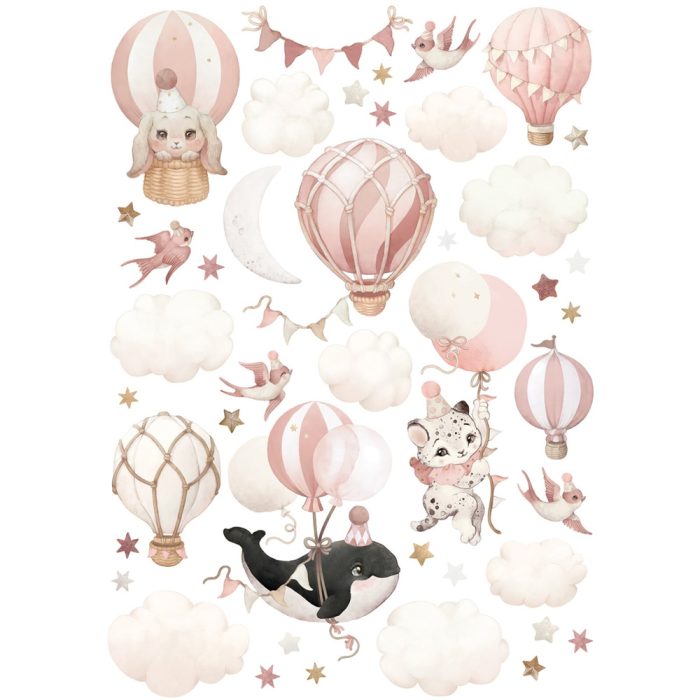 Set autocolante de perete „Baloane cu aer cald”, Little Amy, Pink