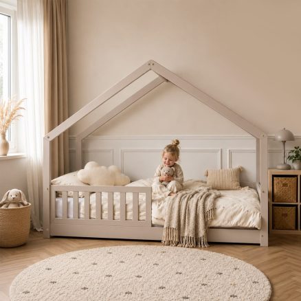 Pat copii căsuță Montessori din lemn masiv, Little Amy, Elara, balustradă detașabilă, bare plate, culoare cașmir