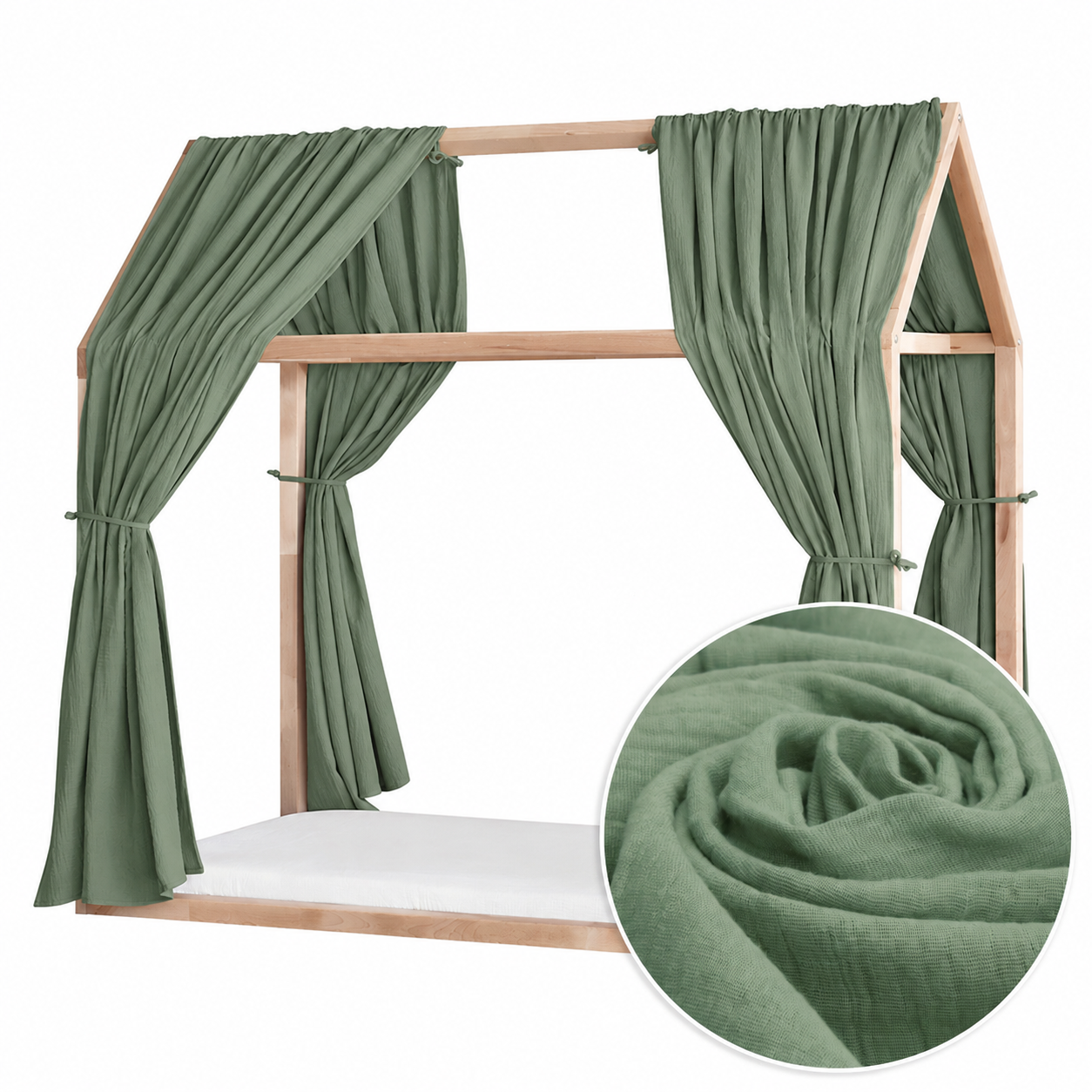 Set 2 Baldachine Muselină pentru pat tip căsuță, Little Amy, Verde Salvie Set 2 Baldachine Muselină pentru pat tip căsuță, Little Amy, Verde Salvie