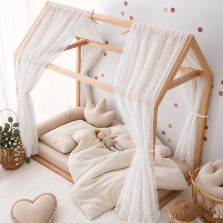 Set 2 Baldachine Organza cu picouri pentru pat tip căsuță, Little Amy, Alb
