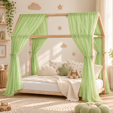 Set 2 Baldachine Voal transparent premium pentru pat tip căsuță, Little Amy, Verde Lime