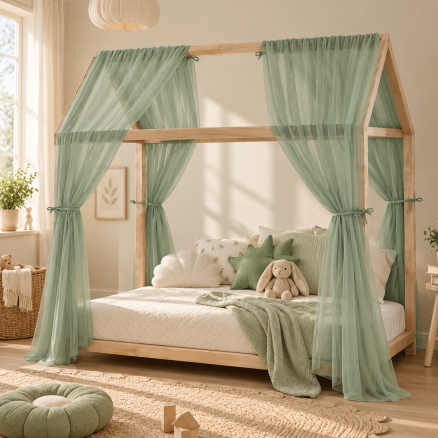 Set 2 Baldachine Voal transparent premium pentru pat tip căsuță, Little Amy, Verde Salvie